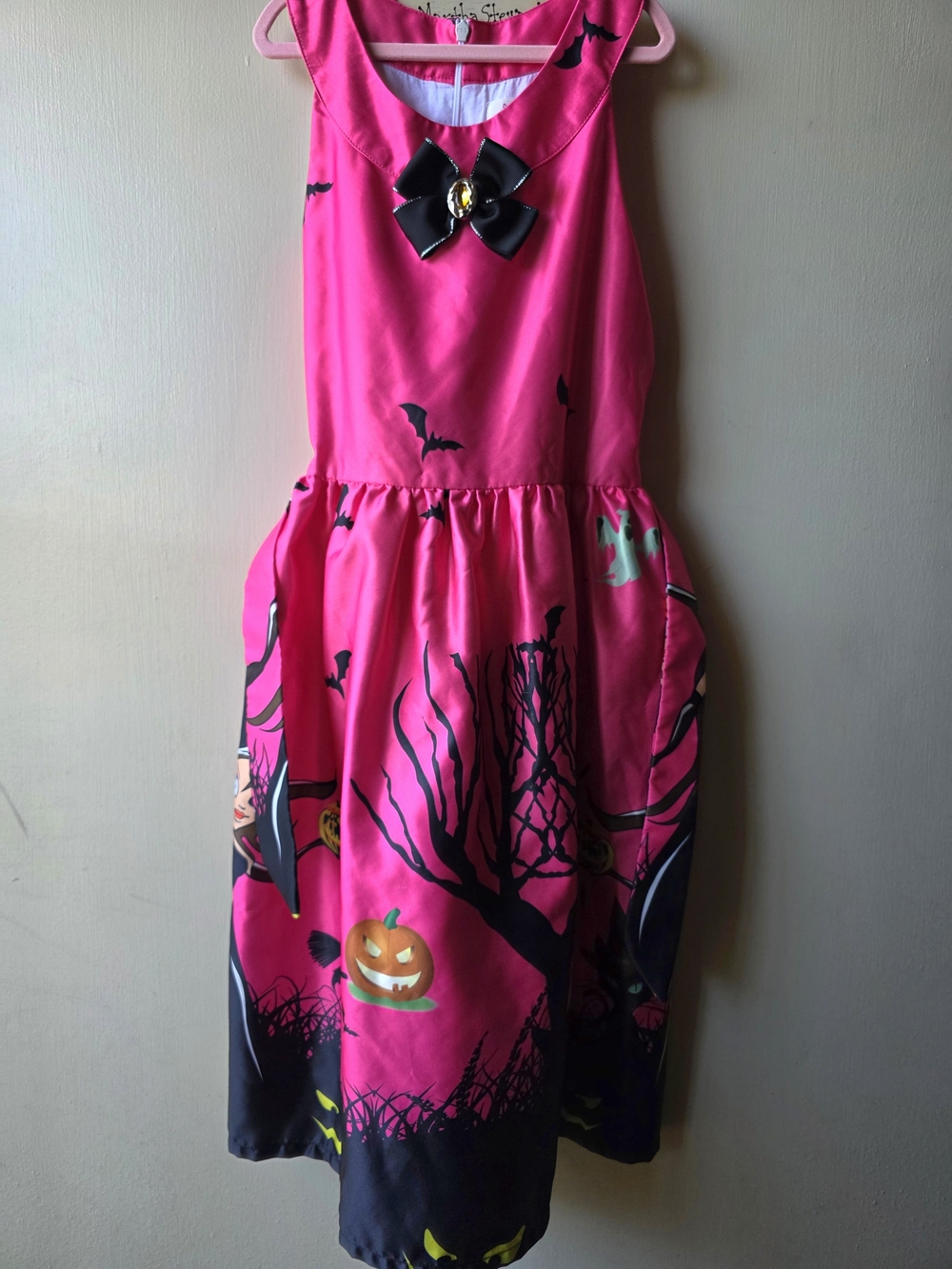 Girls' Pink Halloween  Dress with Bat & Pumpkin Print